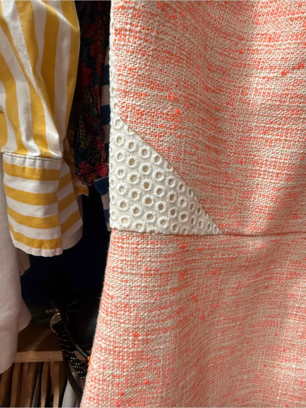 J. Crew Coral Pink Tweed V-Neck Sheath Dress with White Eyelet Trim